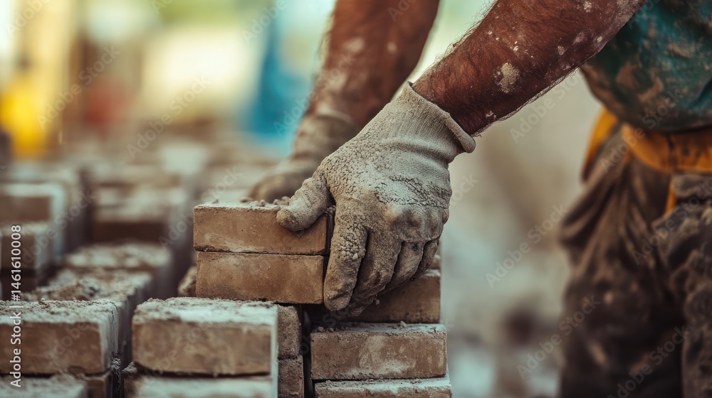 Bricklayer's gloved hands stacking bricks on construction site in detail Bricklayer's gloved hands stacking bricks on construction site in detail