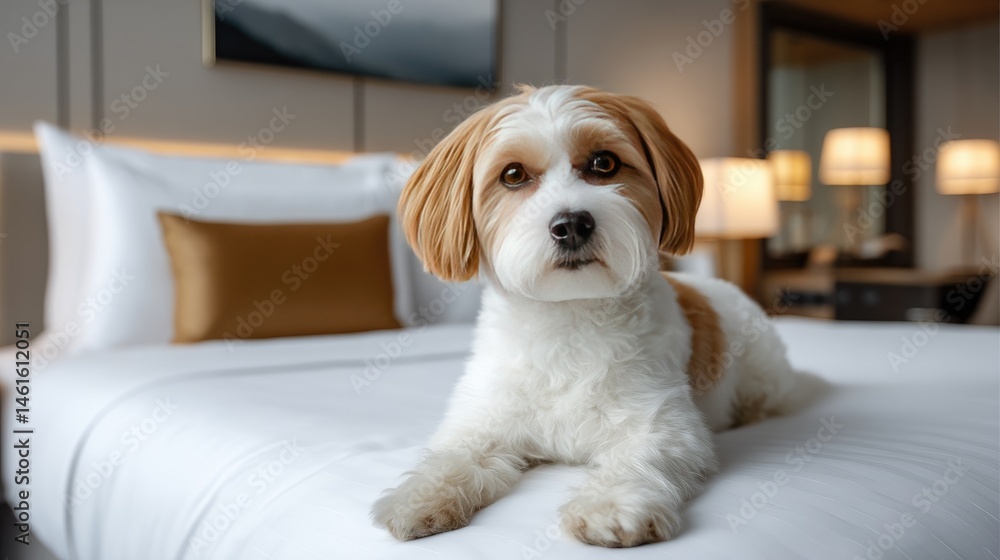 A joyful Havanese puppy relaxes on a plush hotel bed, showcasing its fluffy fur and bright eyes in a beautifully lit room A joyful Havanese puppy relaxes on a plush hotel bed, showcasing its fluffy fur and bright eyes in a beautifully lit room