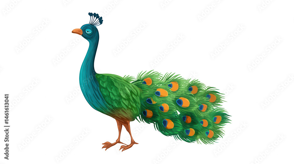 Fototapeta premium A beautiful cartoon peacock stands elegantly against a clean white background with vibrant green feathers.