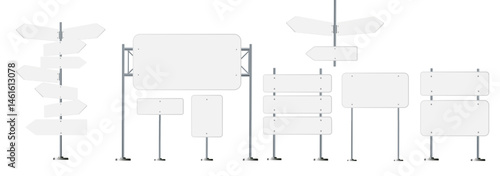 Road, traffic signs. Highway signboard on metal pole. Blank white board with place for text. Directional signage and way finder. information sign vector mockup.