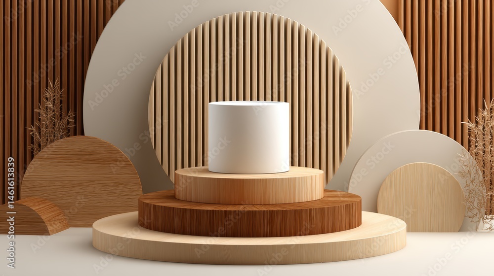 Stylish 3D minimal scene: realistic brown wood and white cylinder podium with vertical wood pattern background for product promotion Stylish 3D minimal scene: realistic brown wood and white cylinder podium with vertical wood pattern background for product promotion