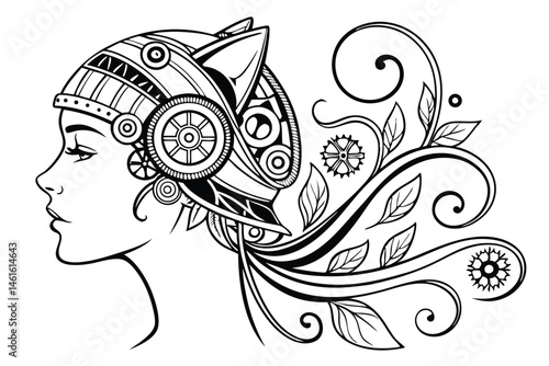 26 Intricate black and white illustration, female profile, cyberpunk cat ears, steampunk gears, mechanical headdress, ornate floral patterns, swirling designs, circuit-like details, fantasy elements, 