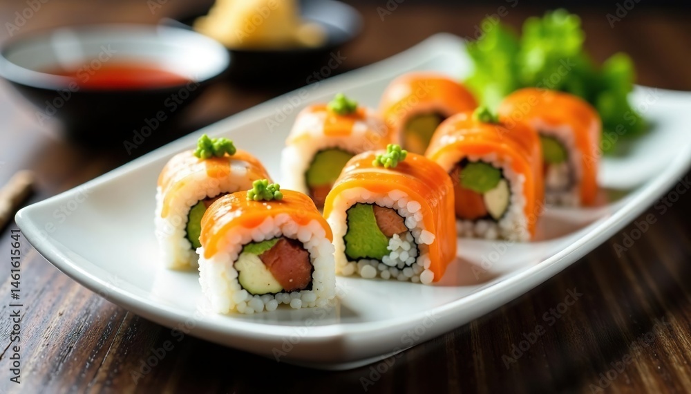 Variety of sushi rolls on white plate, wasabi, ginger, plate, colorful Variety of sushi rolls on white plate, wasabi, ginger, plate, colorful