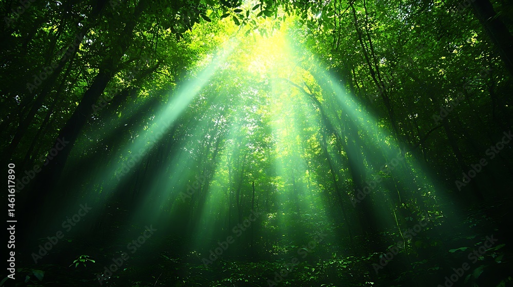 Sunlight shines through forest canopy creating ethereal light rays down below Sunlight shines through forest canopy creating ethereal light rays down below