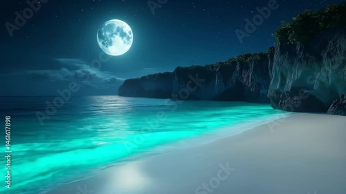 Moonlight Shining on Tropical Beach at Night Peaceful Ocean Scene