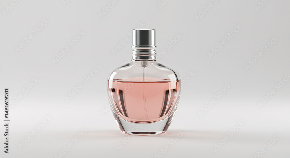 Isolated perfume bottle with a silver cap and light pink liquid on a white background studio shot Isolated perfume bottle with a silver cap and light pink liquid on a white background studio shot