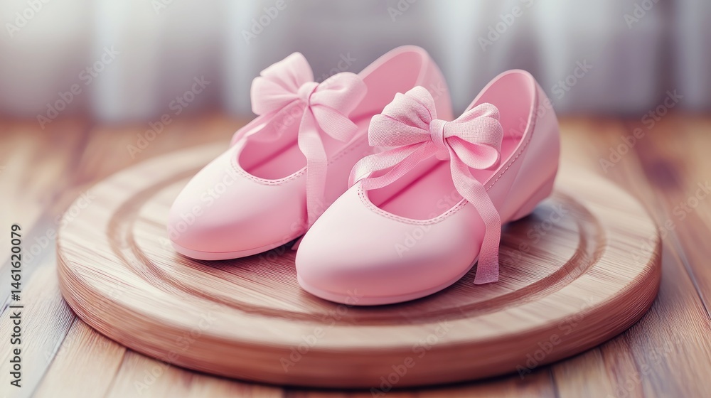 Pink baby shoes on wooden board, soft light. Lifestyle photo Pink baby shoes on wooden board, soft light. Lifestyle photo