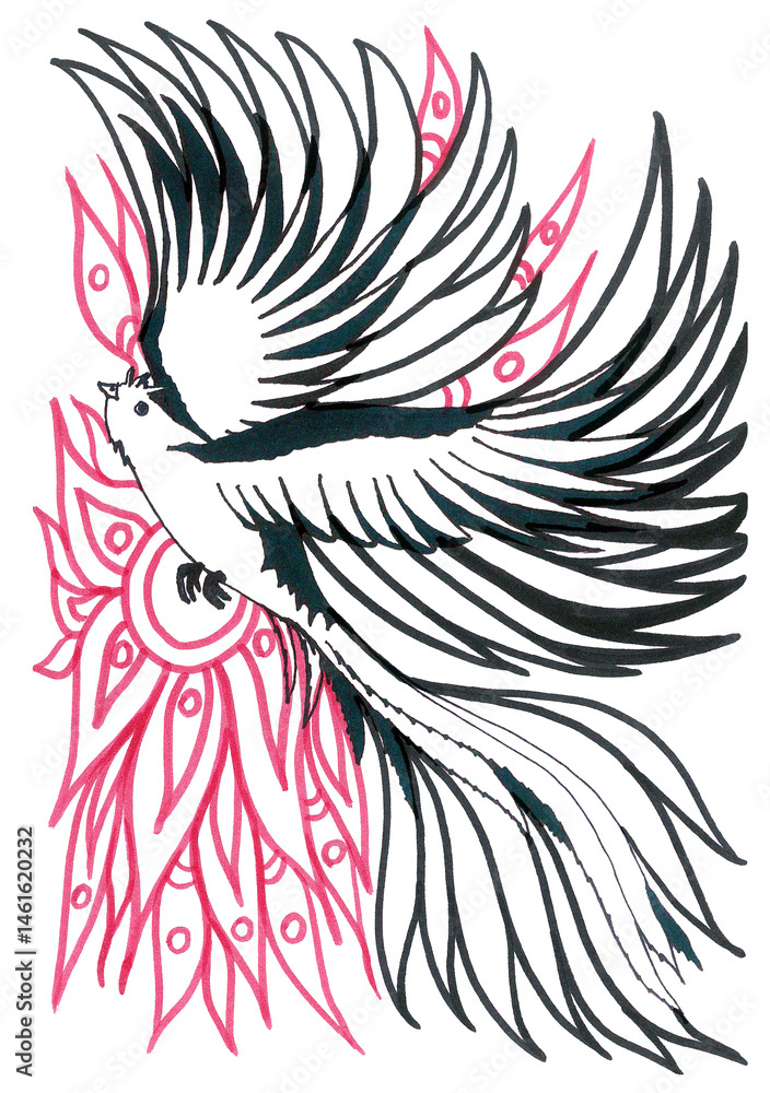 Obraz premium Profile of flying bird of paradise. Long tail with curved feathers. Red pattern with sun. Earth Day wallpaper. Isolated cartoon image for World Migratory Bird Day. Graphic illustration for coloring.