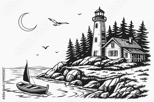28 Detailed pencil sketch, coastal lighthouse scene, rocky shoreline, tall pine trees, small boat in water, crescent moon, flying birds, intricate textures, windswept tree, cliffside house, dense fore