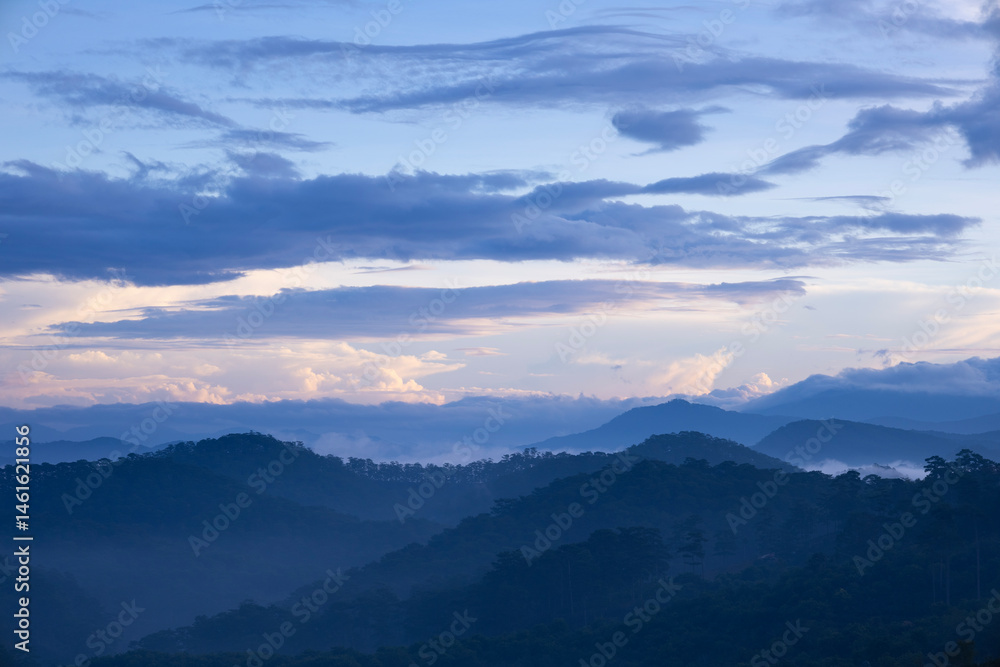 Scenery with majestic mountains and forests, hidden in the morning mist in Da Lat, Vietnam Scenery with majestic mountains and forests, hidden in the morning mist in Da Lat, Vietnam