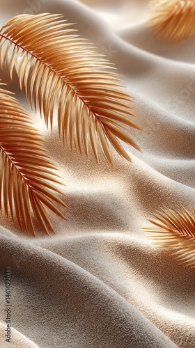 A serene setting showcases palm leaf shadows on sand, perfect for highlighting summer-themed products in a beige aesthetic