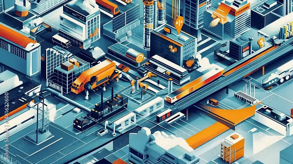 Futuristic Metropolis Aerial Isometric Blueprint Animation with Transportation Systems Futuristic Metropolis Aerial Isometric Blueprint Animation with Transportation Systems