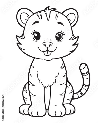 ute cartoon baby tiger sitting with a happy expression and tongue slightly out. Black and white line art for children's coloring book. Playful tiger cub.