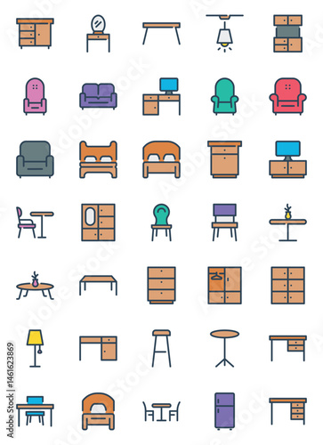 Filled outline icons set for Furniture interior