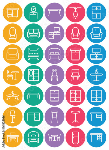 Circle color outline icons set for Furniture interior