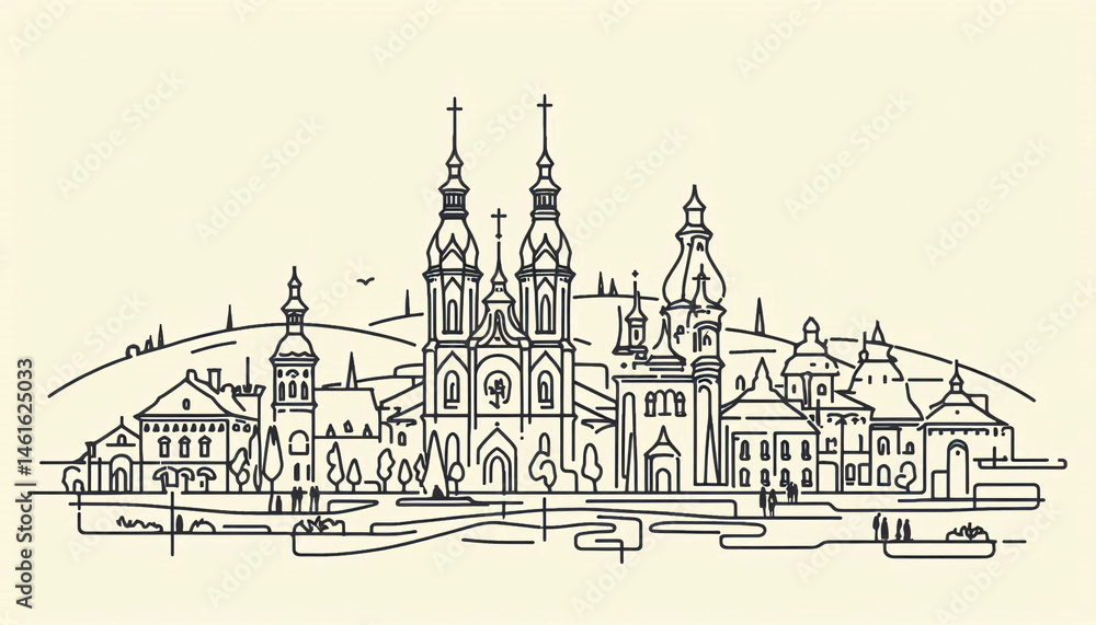Fototapeta premium Elegant line art silhouette of a Ukrainian city with historic architecture and national flag, reflecting cultural heritage