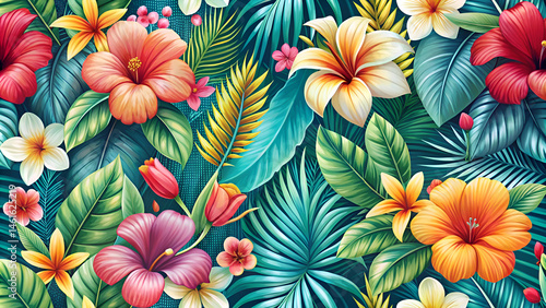 Vibrant Tropical Flowers and Leaves Pattern