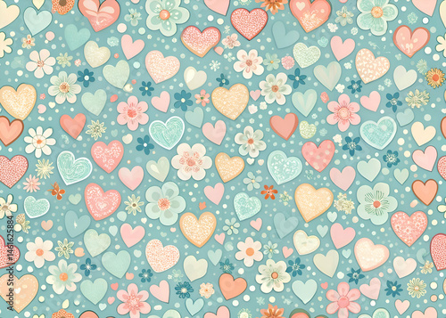 Floral and Heart Pattern. Pastel Colors and Romantic Design