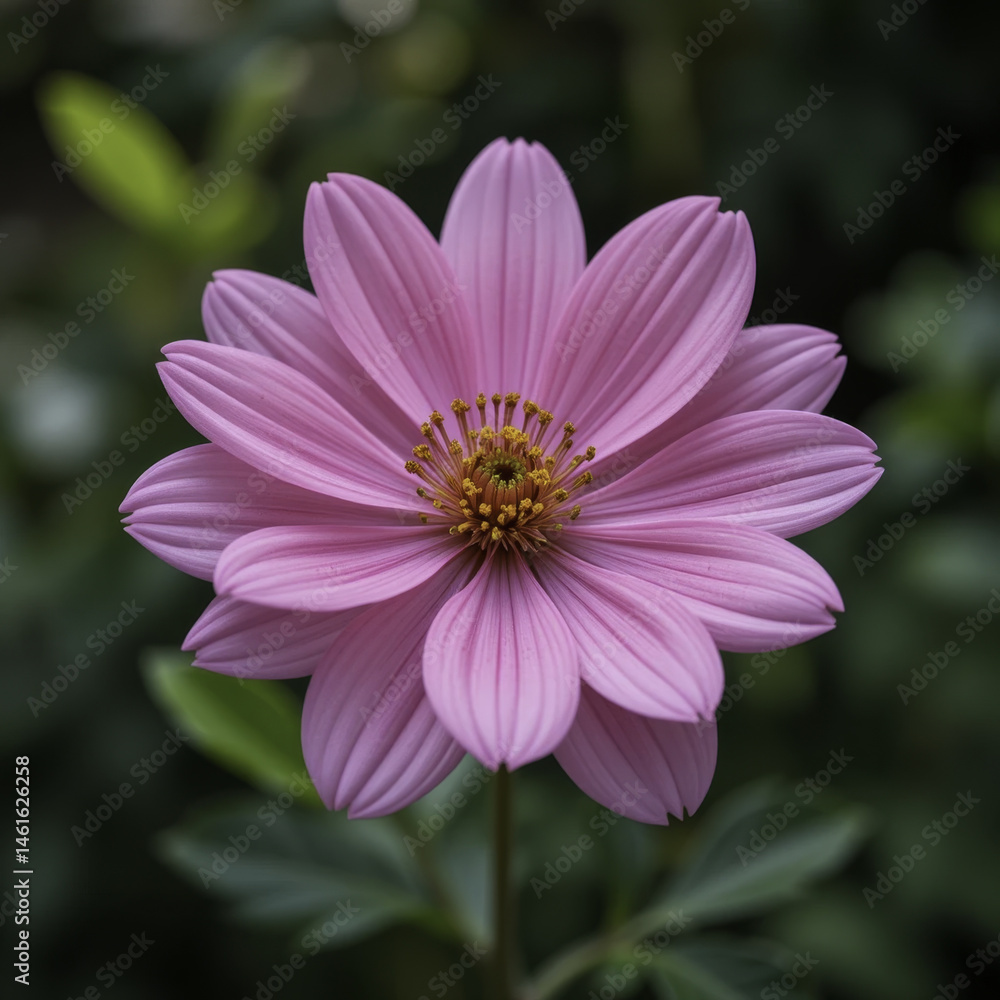 Obraz premium vibrant pink flower with delicate petals and yellow center stands out against blurred green background, showcasing nature beauty and elegance