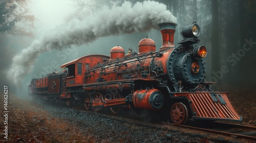 Vintage steam train through misty forest