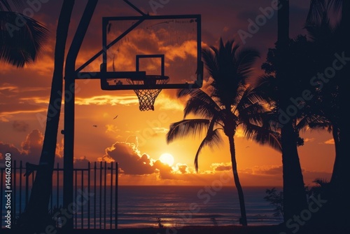 basketball court on the beach at sunset
