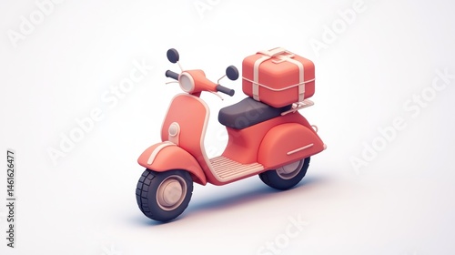 Red scooter delivering gift, white background, transport