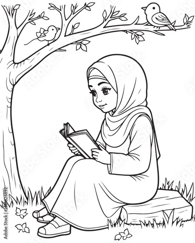 Sweet black and white cartoon illustration of a young Muslim girl wearing a hijab sitting under a tree reading a book. Two birds are perched on the branches above. Peaceful scene.