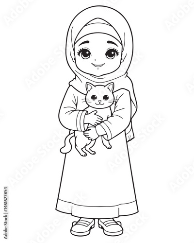 Charming black and white cartoon illustration of a cute young Muslim girl wearing a hijab and gently holding a cat in her arms. Simple line art illustration. Affection.