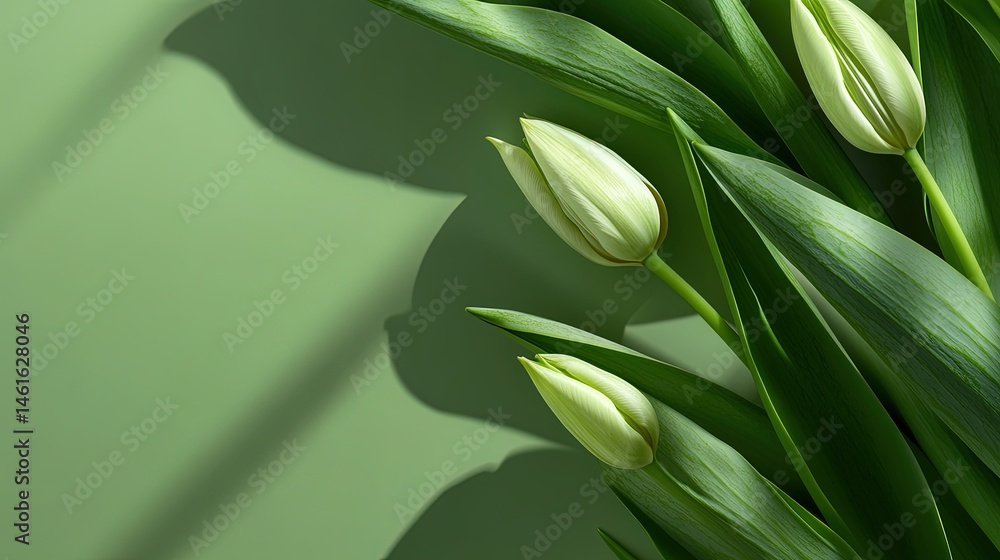 Obraz premium Creative minimalist design of tulip petals, stems, and leaves with soft shadows. 