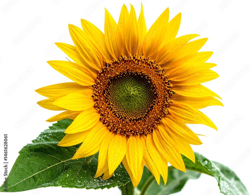 Obraz premium Vibrant Yellow Sunflower with Dew Drops on Green Leaves