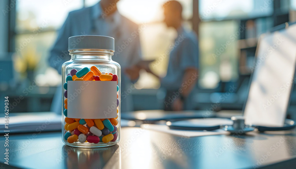 Close-up of a jar filled with colorful pills on a table with two medical professionals in the background discussing over a tablet, symbolizing healthcare and medicine...