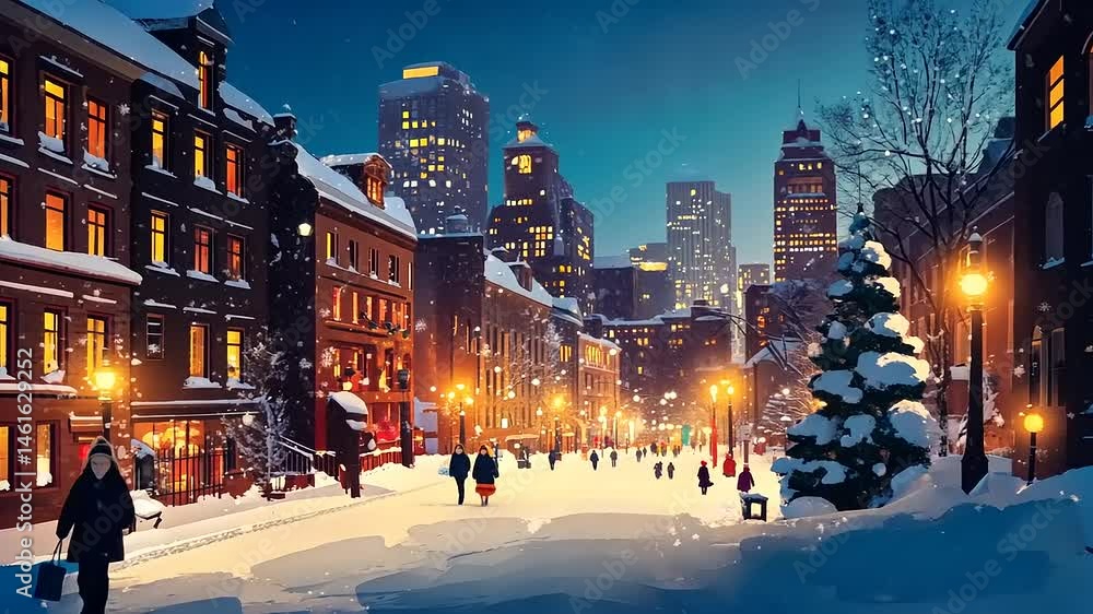 Serene Winter Cityscape: Snow-Covered Streets and Illuminated Buildings at Night Serene Winter Cityscape: Snow-Covered Streets and Illuminated Buildings at Night