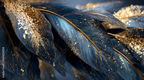 Close-up of dark-blue leaves with gold accents, creating a luxurious and elegant texture, showcasing a sophisticated and glamorous aesthetic, ideal for high-end branding