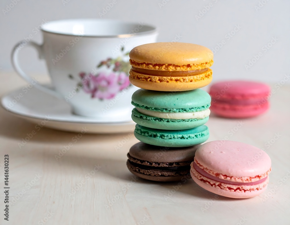Obraz premium Colorful Macarons Stacked near Teacup on Table
