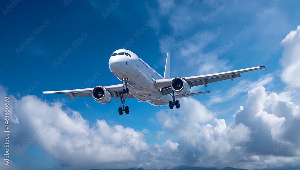 Fototapeta premium Airplane Landing Approach Through Fluffy White Clouds and Blue Sky