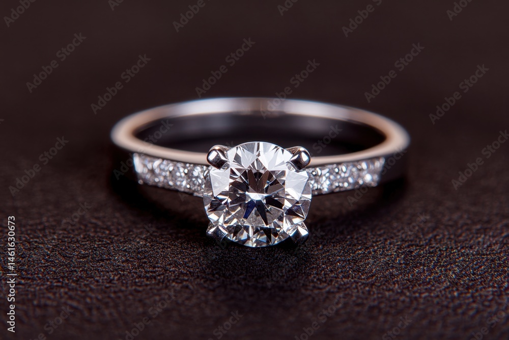Close up studio shot of a sparkling diamond engagement ring with pave band on dark surface for jewelry advertising Close up studio shot of a sparkling diamond engagement ring with pave band on dark surface for jewelry advertising