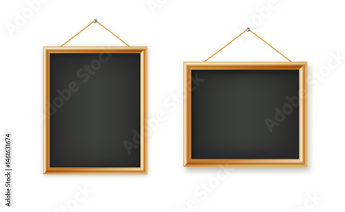 Signboards in a wooden frame hanging . Restaurant menu board. School vector chalkboard, writing surface for text or drawing. Blank advertising or presentation boards. Vector.
