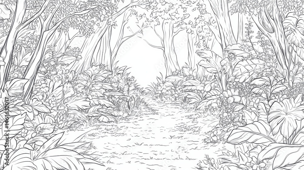 Naklejka premium A serene forest pathway surrounded by lush foliage.