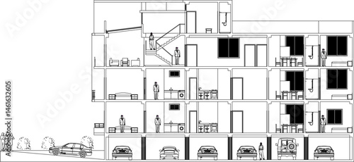 vector illustration sketch of architectural design of multi-storey boarding house building