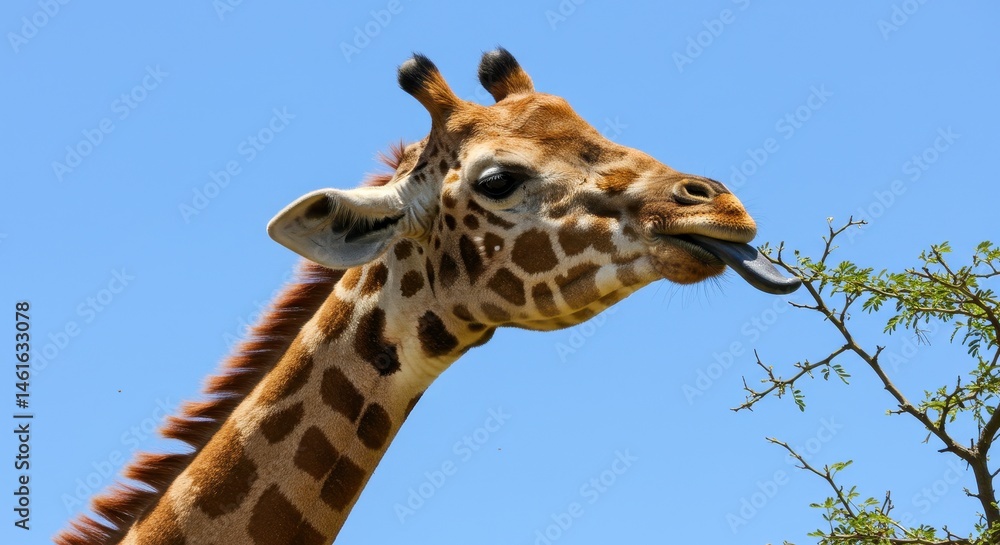 Giraffe's Delightful Tongue Reaching for a Leaf Under a Clear Blue Sky Giraffe's Delightful Tongue Reaching for a Leaf Under a Clear Blue Sky