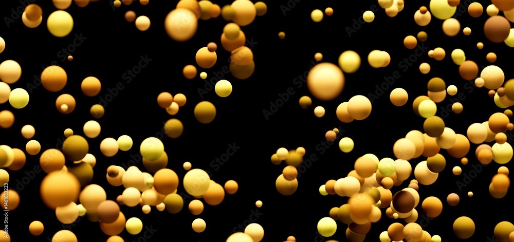Abstract background of golden spheres floating on black. Perfect for presentations, websites, and more!