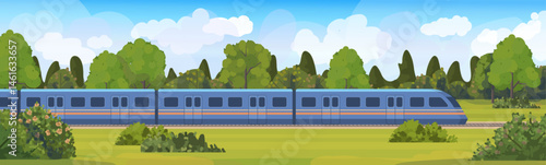 Fast electric transport moving on railroad at beautiful natural landscape with garden, forest or natural park in daylight with trees, shrubs, sky and clouds. Vector Not AI generated