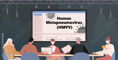 Successful team of business people working together in the office. They wear surgical masks to prevent the outbreak of Human metapneumovirus (HMPV), influenza or dust allergy. Vector Not AI generated