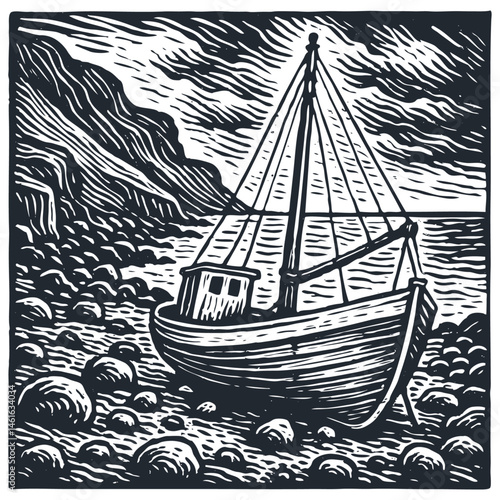 Vector linocut print style: a traditional boat rests on a pebbly shore with cliffs and a dramatic sky. Monochrome nautical art illustration.