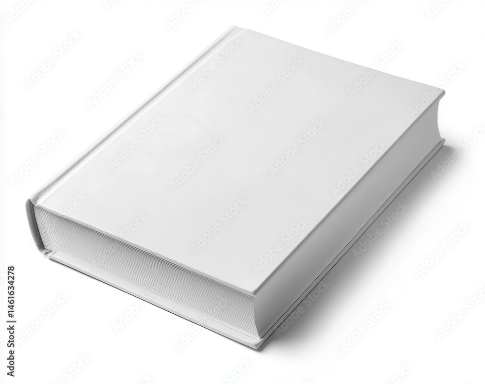 A blank, solid white book, resting on a white background. The book's cover is smooth and even, showcasing a plain, unadorned surface A blank, solid white book, resting on a white background. The book's cover is smooth and even, showcasing a plain, unadorned surface