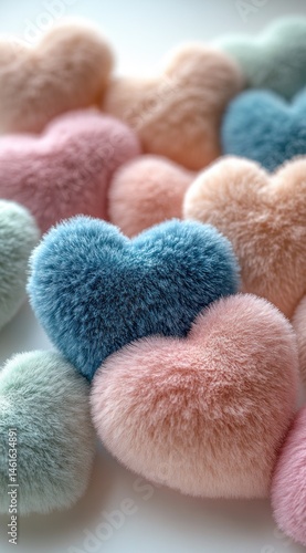 Soft, fluffy heart-shaped decorations in pastel colors.