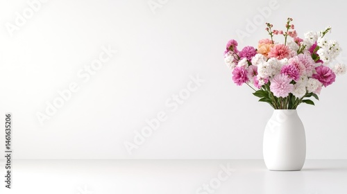 Wallpaper Mural A white vase filled with vibrant pink and white flowers on a minimalist white table, bright and clean setting, and floral arrangement concept. Torontodigital.ca