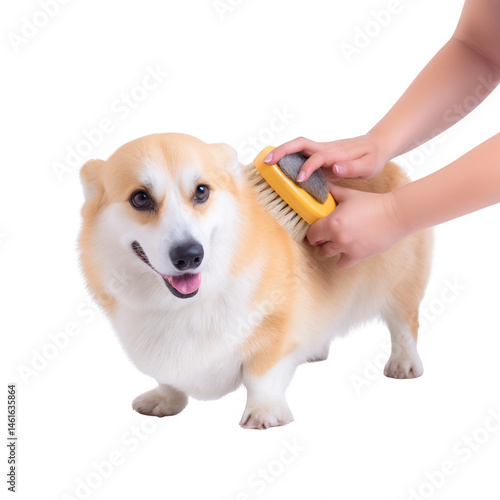 A happy corgi being brushed by a hand, showcasing pet grooming and bonding. The playful expression highlights the joy of caring for pets against a white isolated background.