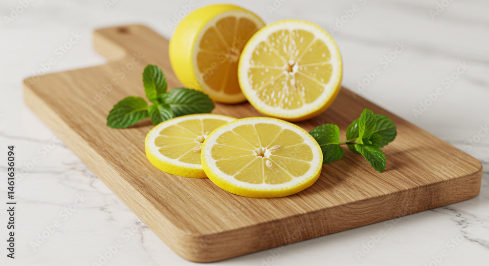 A close up of sliced lemons and mint leaves on a wooden cutting board on a marble surface top view A close up of sliced lemons and mint leaves on a wooden cutting board on a marble surface top view