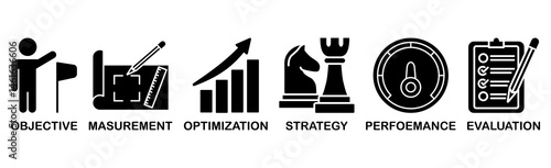 Banner KPI concept with icons. Key Performance Indicator using Business Intelligence metrics to measure achievement versus planned target